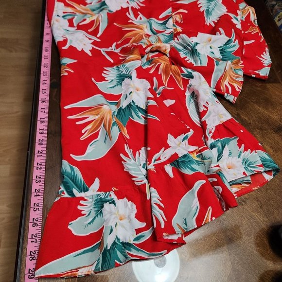 Umgee Shirt Womens S Red Floral V Neck 3/4 Sleeve Tunic Blouse Flutter Ruffle - Picture 7 of 8